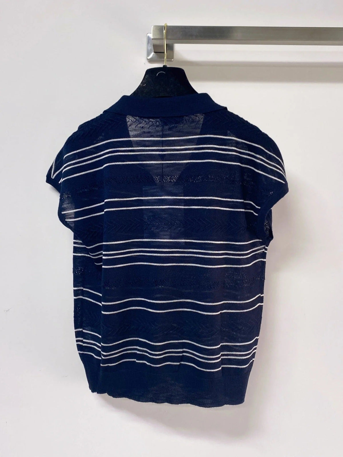 Chanel 2026 Polo Knit Top Navy Flax Lelin With CC Logo 463554
