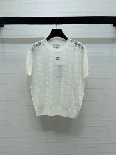 Chanel 2026 Floral Pattern Knit Short-Sleeve T-Shirt Wool 355636