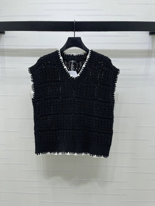 Chanel 2026 V-Neck Knit Vest Black and White Cotton Polyamide