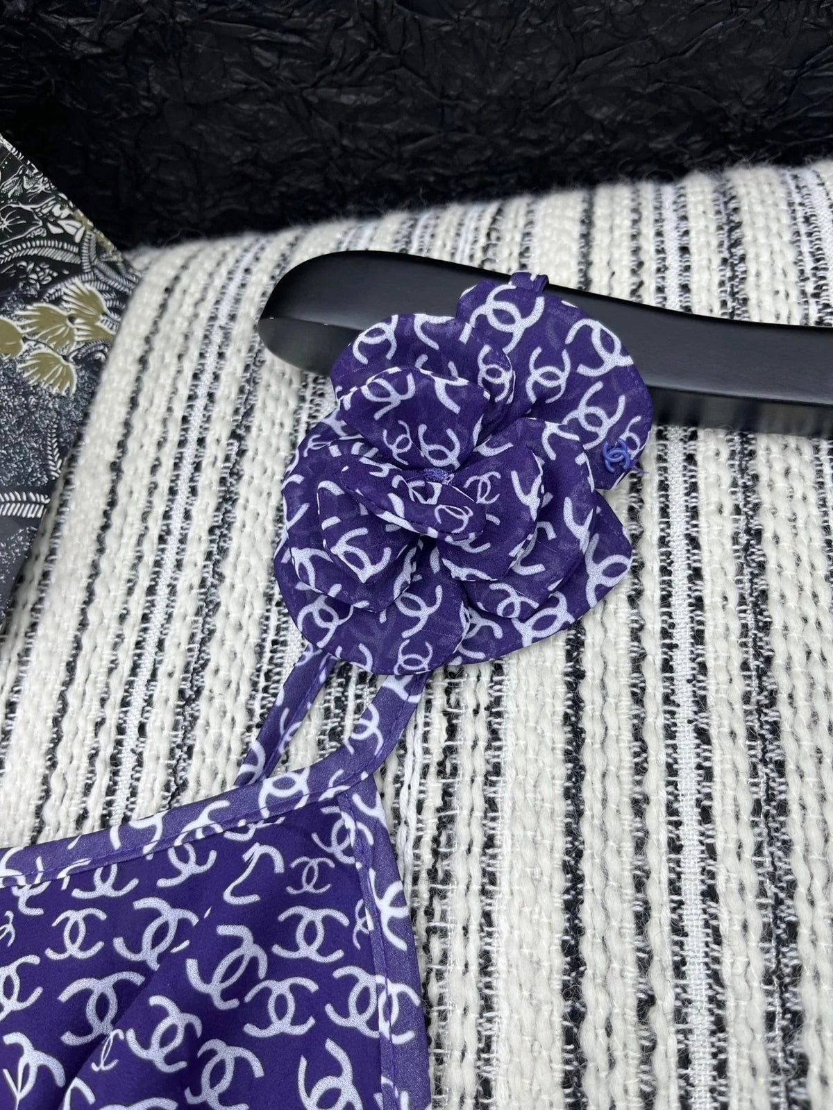 CHANEL DARK PURPLE SILK CAMELLIA DRESS WITH PEARL DETAILS