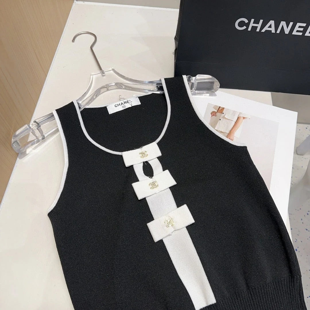 TANK TOP 610340 IN BLACK COTTON RIBBED WHITE BOW