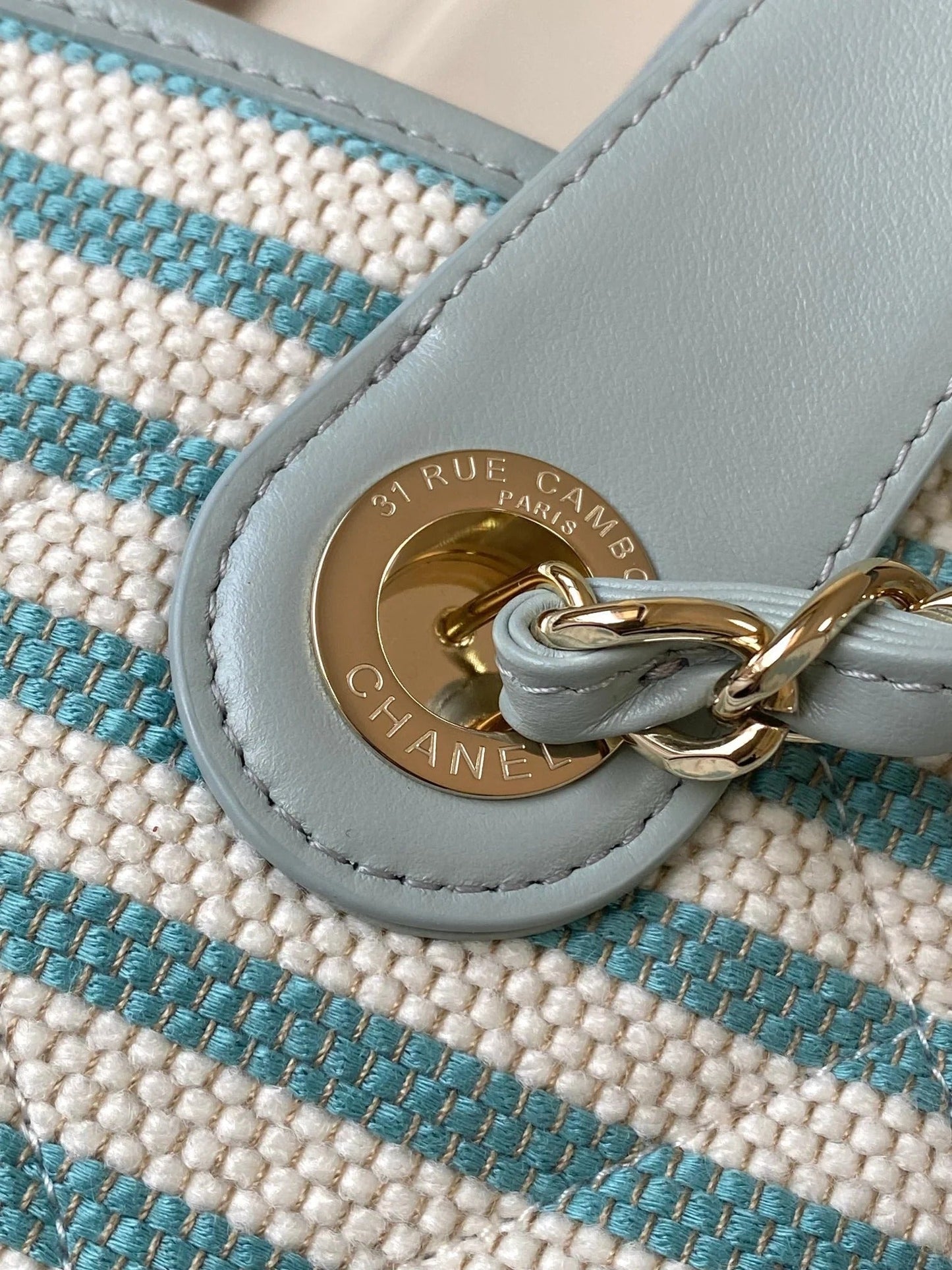Chanel 2026 Deauville Tote Bag 46cm Light Blue mix White Canvas Leather 331129