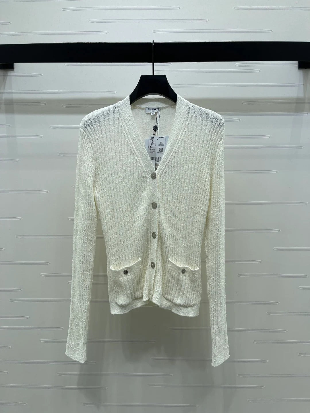 Chanel 2026 V-neck Knit Cardigan White and Black Wool Viscose