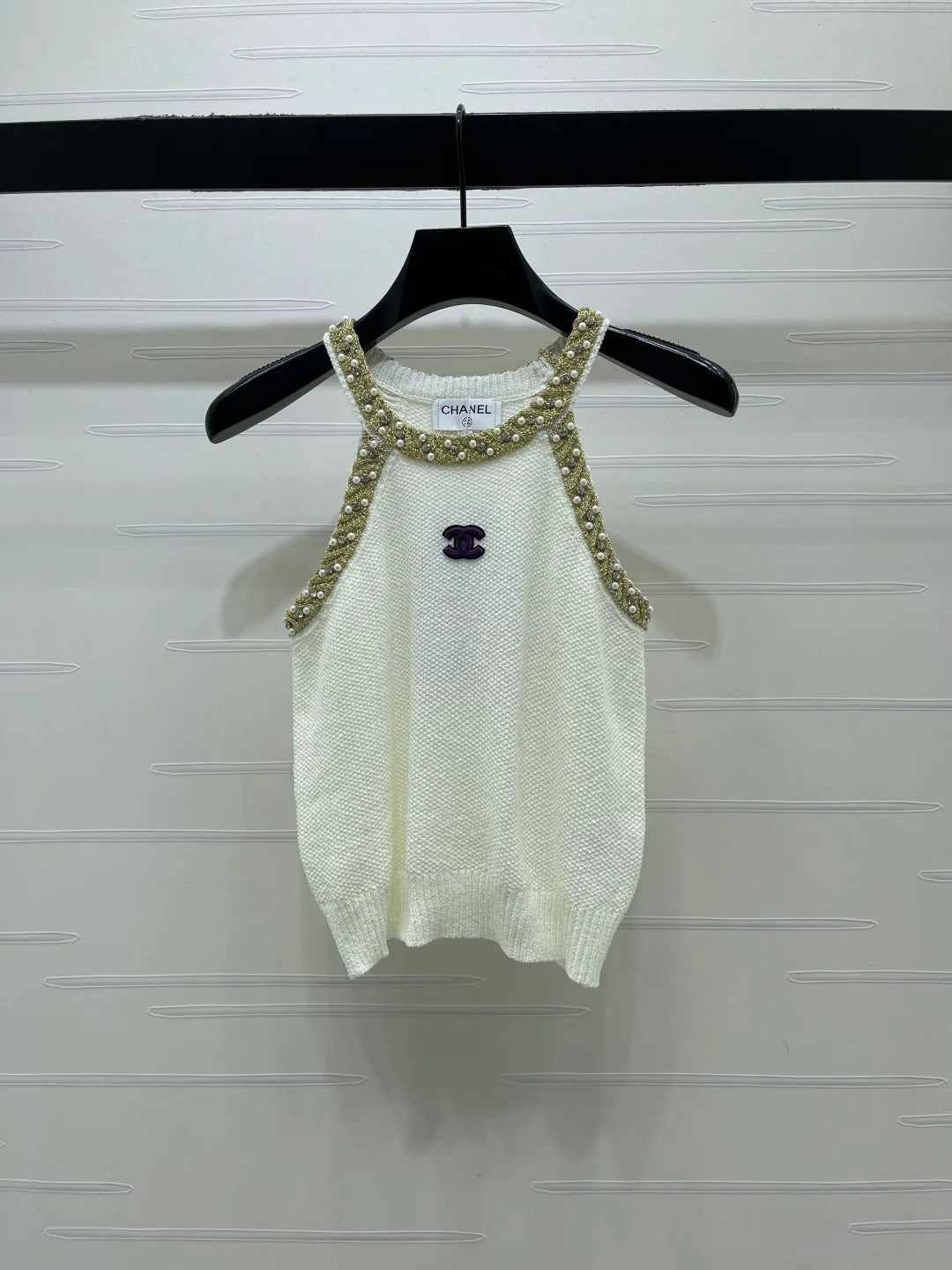 Chanel 2026 Halter-neck Knit Top White and Black Wool Acrylic