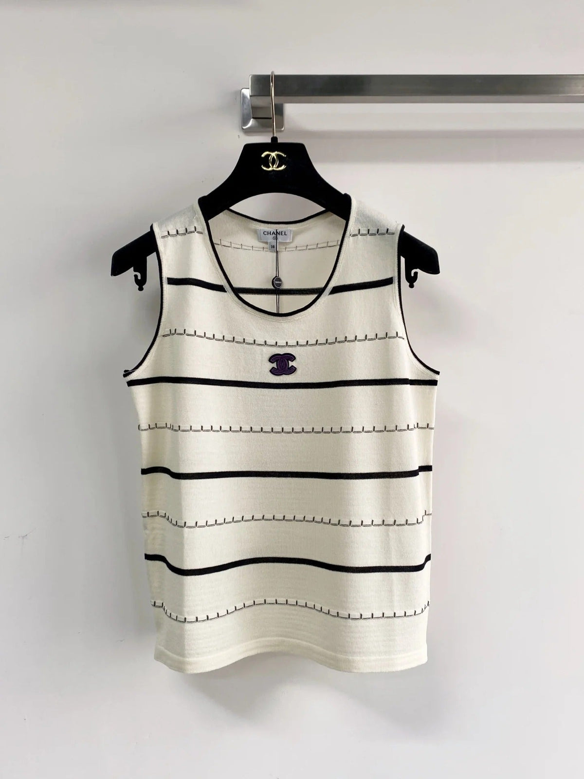 Chanel 2026 Black And White Striped Knit Tank Top Wool Cashmere